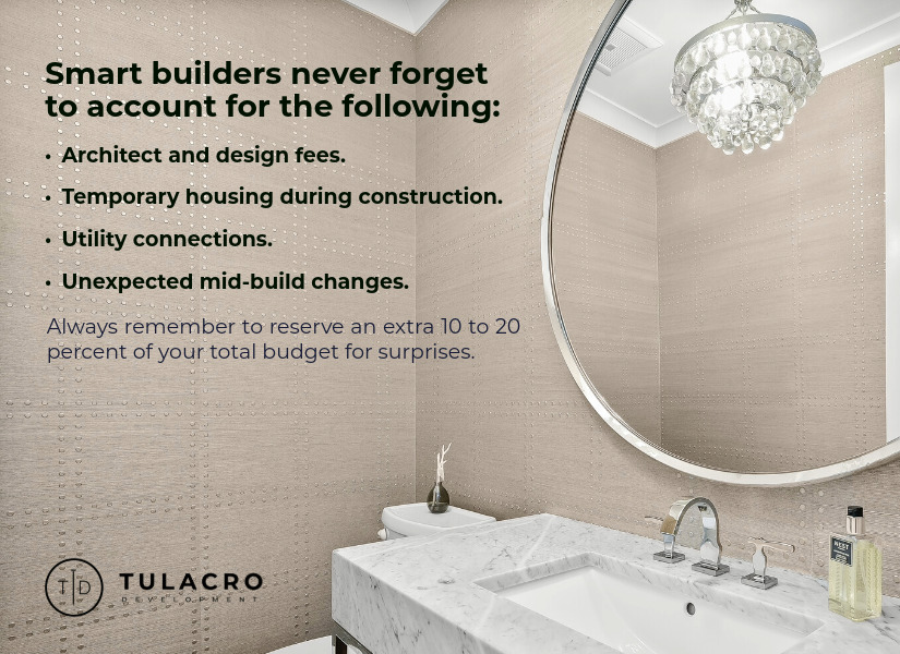 A list of unexpected custom home building expenses overlayed an image of a white clean bathroom describing