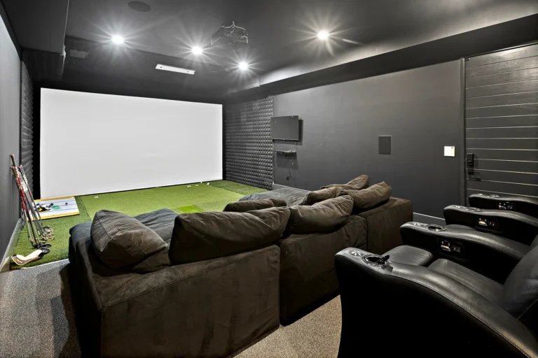 Custom Home Theater & Home Golf Practice Screen | Luxury Custom Home Design | How Long Does it Take to Build a Custom Home? | Tulacro Development, Maryland
