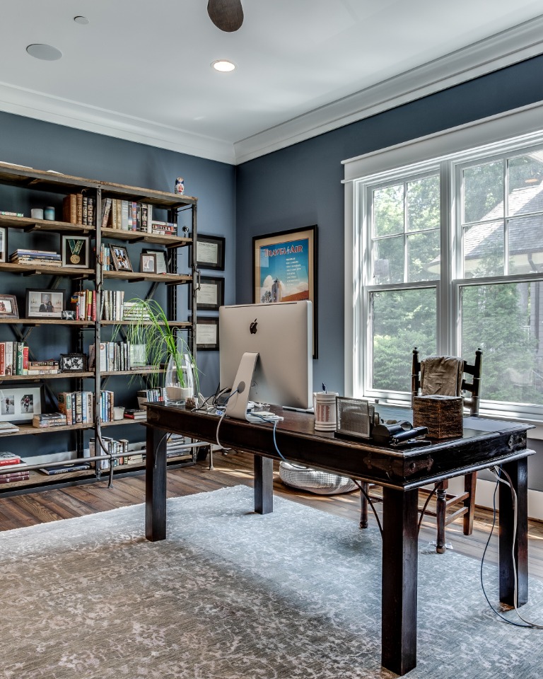 Interior Design in Home Office with Blue Walls, Bookcase, and Wood Desk | Tulacro Development | Luxury Custom Home Builders | Bethesda, MD | Montgomery County